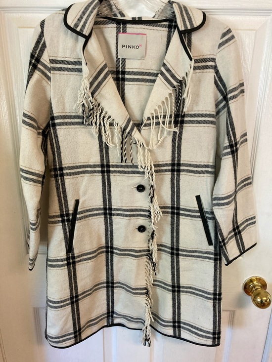 Pinko Jackets & Blazers - PINKO Cream and Black Plaid Fringe Wool Blend Jacket